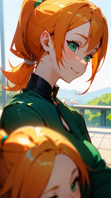 １girl、blonde、Orange Hair、ponytail、Beautiful green eyes、smile、profile、Face close-up、Morning Cafe Terrace、Background blur, Written boundary depth