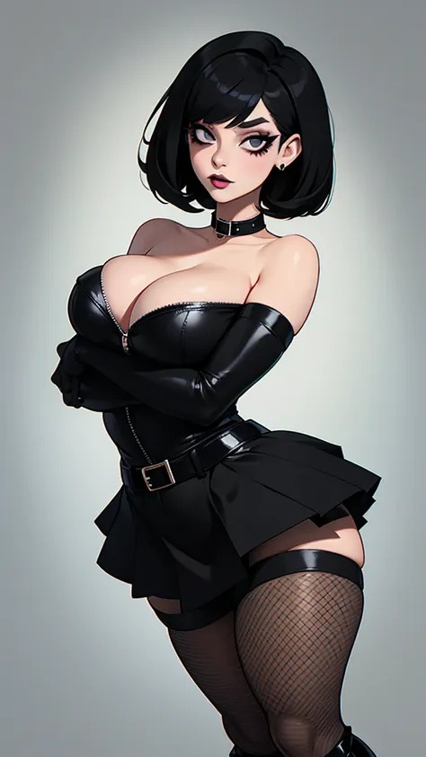 goth girl, curvy, bob haircut with bangs, black eyeliner on eyelids, black lips, choker, short fitted skirt, belts, fishnet pant...