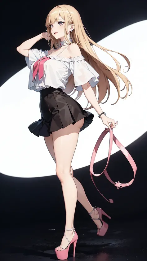 ((masterpiece, high resolution, better quality, better details)), ((Marin Kitagawa)), ((Smiling)), ((one girl)) a girl modeling standing, mini skirt, blouse, ((big neckline)), ((platform high heels)), pink eyes with black outline, (light blonde hair, strai...