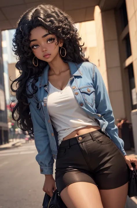 young woman. Dark skin. Dark brown almost black hair. curly hair. Brown eyes. slanted eyes. attractive. mole on right cheek. Casual clothes. 