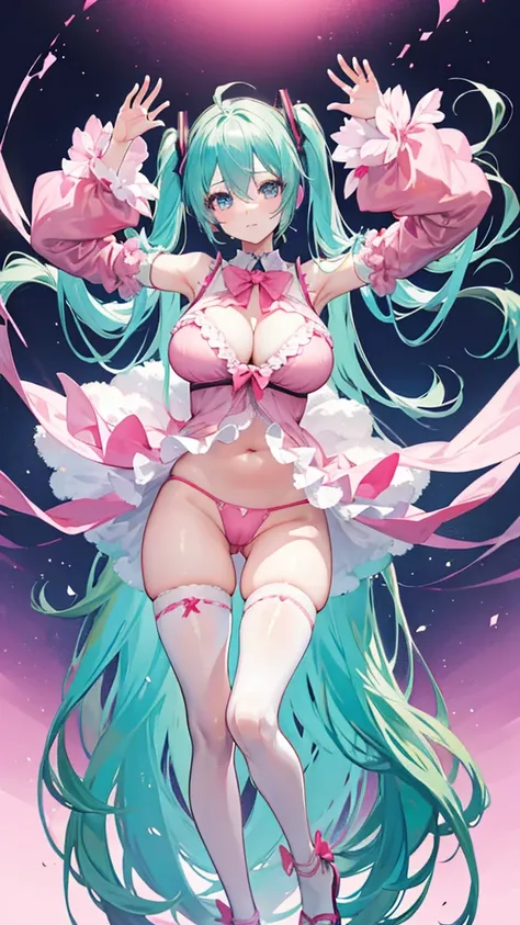 Hatsune Miku tight pink lingerie, huge tits, camel toe, pose erotica, Akihabara 