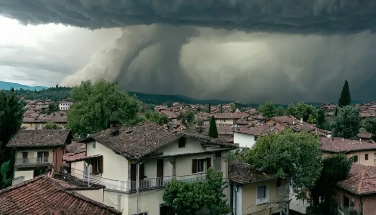 whoa, Dramatic moving image depicts a violent storm knocking down trees, roofing houses and causing flooding in Varese, Italy. It is possible to see bad weather with gusts of wind and destruction. The scenario is one of chaos.