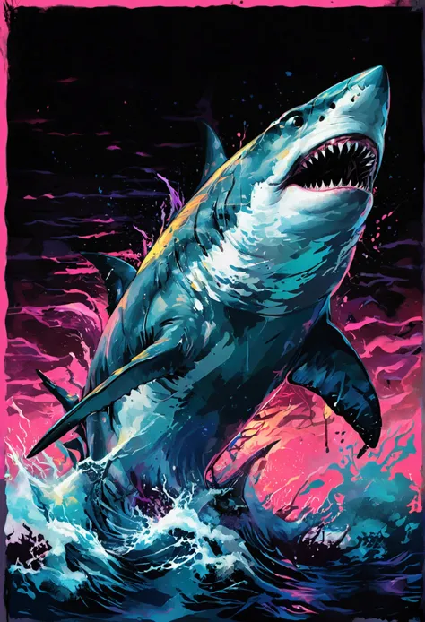 a shark, expressionism, two-dimensional illustration, dark tones, magical realism, synthwave:: t-shirt vector, center composition graphic design, plain background::2 mockup::-2 --upbeta --ar 1:1