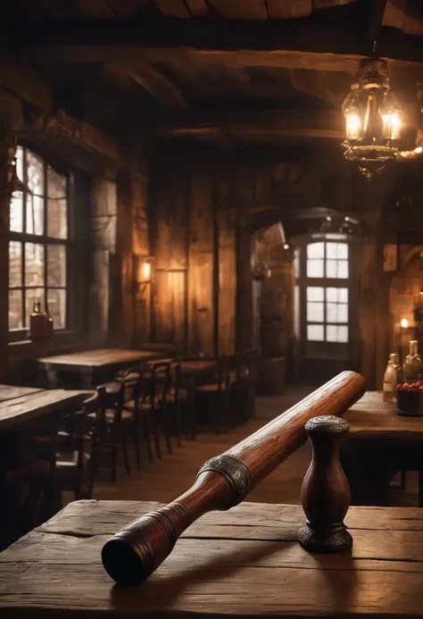 A weathered, handcrafted wooden club resembling a baseball bat rests on a rough-hewn table inside a dimly lit medieval tavern. The realistic depiction in stunning 8K resolution highlights every knot and grain in the wood, enhancing the rustic feel. The ric...