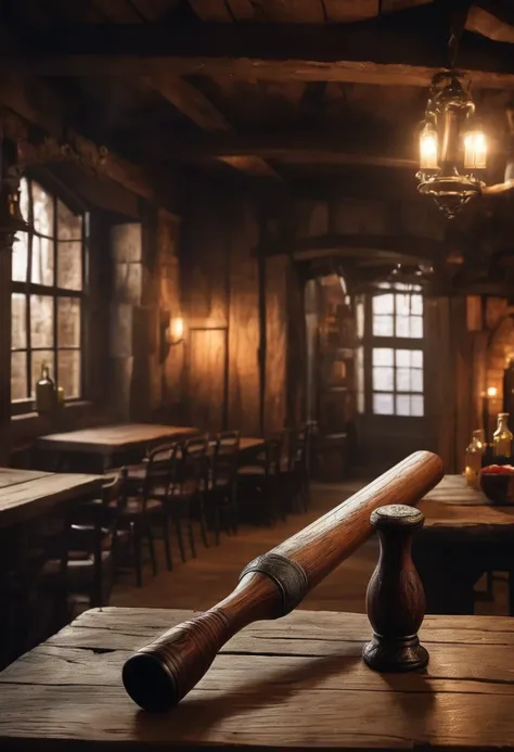 A weathered, handcrafted wooden club resembling a baseball bat rests on a rough-hewn table inside a dimly lit medieval tavern. The realistic depiction in stunning 8K resolution highlights every knot and grain in the wood, enhancing the rustic feel. The ric...