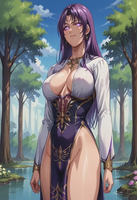 score_9, score_8_up, source_anime Bibl3, mystra, mystra (baldurs gate), mystra goddess (baldurs gate),1girl, solo, long hair, huge breasts, looking at viewer, smile, dress, jewelry, heavy breasts, breast expansion, closed mouth, standing, purple eyes, purp...