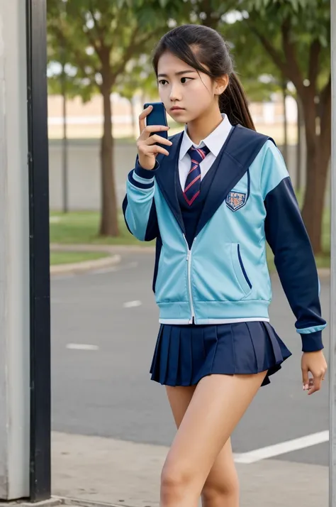 highschool girl using phone with p.e uniform and mad face using phone