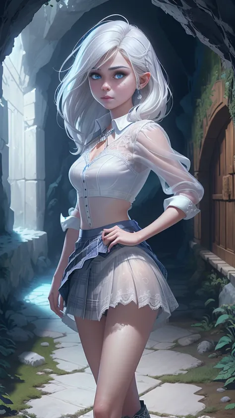 (La Best Quality,A high resolution,ultra-detailed,actual),Selena Gomez con falda corta de cuadros blanca shein , and a white plaid crop top , ,(Hallway background of a high school :1.4 ),(White gray hair :1.4), 8K more detailed.unreal engine:1.4,UHD,La Bes...