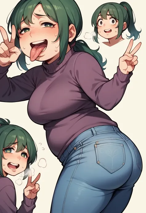 Anime Screenshot, chubby, milf, shy, pudgy face, large round eyes, dark green hair, ponytail, sweater, peace signs, sticking tongue out of mouth, sweating, nervous smile, slightly open mouth, huffing breath, wearing jeans, bending over, ass focus