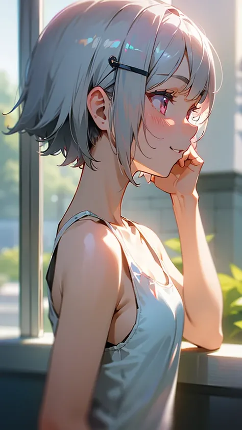 １girl、Short silver bob hair held together with a hair clip, Pink Eyes、I really like it、Tank top、smile、profile、Face close-up、Morning Cafe Terrace、Background blur, Written boundary depth