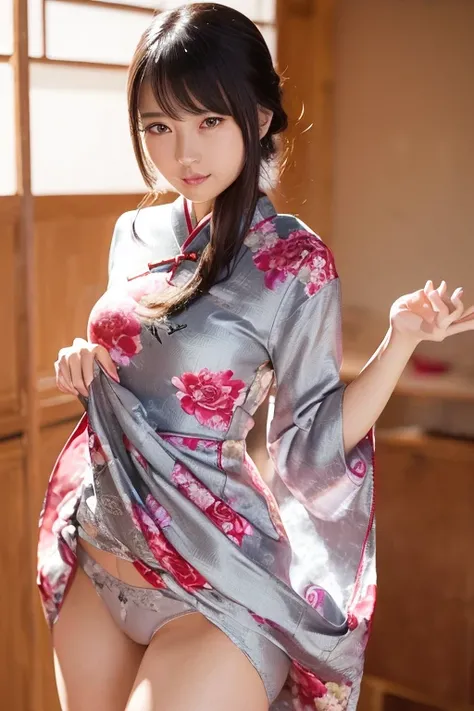 Highest quality、Highest quality、Highest Resolution、masterpiece、detailed、live-action)、
(((She flips up the hem of her flower-patterned Chinese dress with her own hands.)))、
(((Grab the hem of your floral Chinese dress with your own hands)))、
(((Wearing pant...