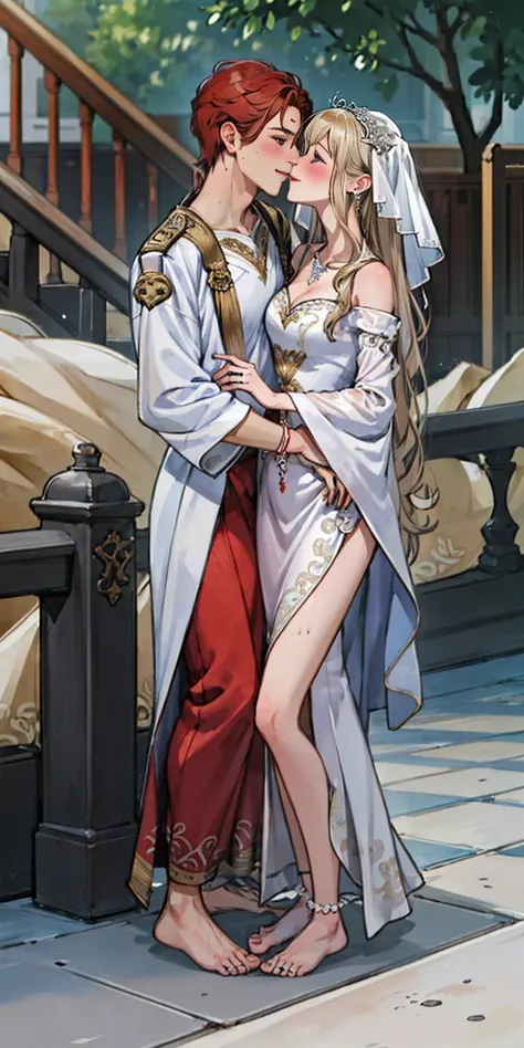 Body position: Standing, straight, symmetrical, barefoot, Lustful smile on face with red blush, 2 girls who gets married and stands in front of many people, nsfw, kissing