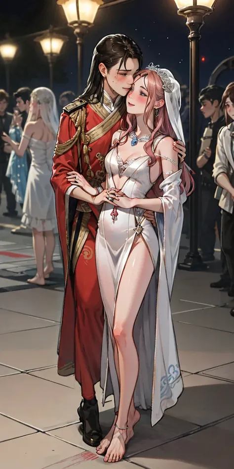 Body position: Standing, straight, symmetrical, barefoot, Lustful smile on face with red blush, 2 girls who gets married and stands in front of many people, nsfw, kissing