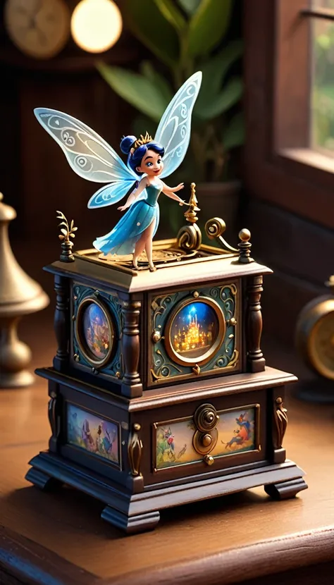 4K detailed photography. (Disney Pixar style photography: 1.5) A music box with a fairy motif. It rotates.