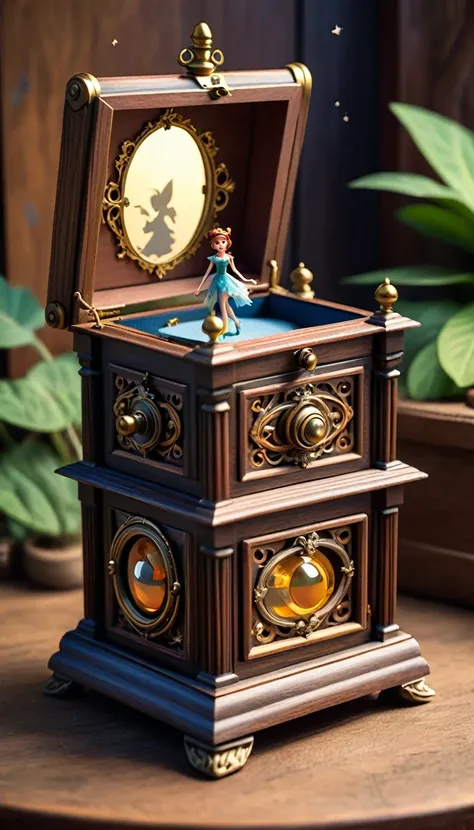 4K detailed photography. (Disney Pixar style photography: 1.5) A music box with a fairy motif. It rotates.