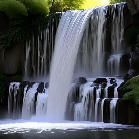 A turbulent waterfall in a tranquil and beautiful landscape, Ray Tracing, detaileded reflections, complexity, high detailed, Drama, Top quality masterpiece, photorealistic realism, detailed, 8K, High resolution, Backlight, Hello, flash, chromatic aberratio...