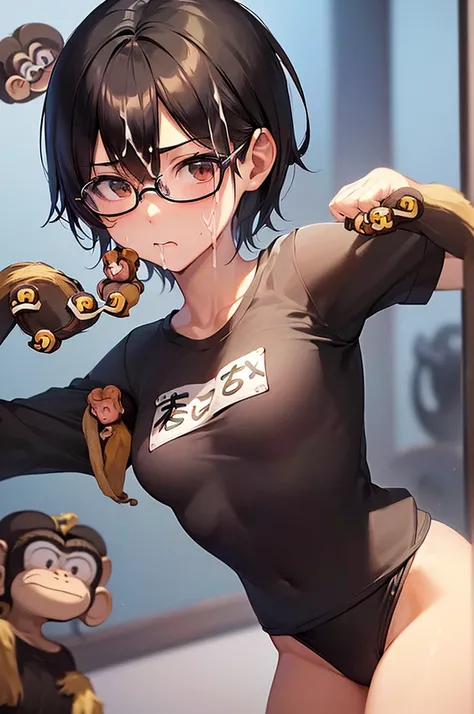 masterpiece, best quality,anime style, 1 girl,(((slender body))), (((small eyes,small breast))),(((gym uniform,glasses))),(((((3 monkey grabbing the girl))))),((((cum facial)))), (beautiful face), (((short hair))), (((straight hair))), ((((black hair)))),d...