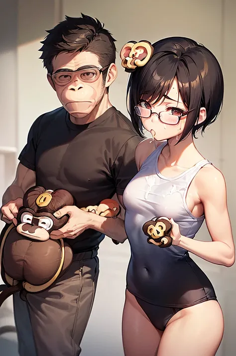 masterpiece, best quality,anime style, 1 girl,(((slender body))), (((small eyes,small breast))),(((gym uniform,glasses))),(((((3 monkey grabbing the girl))))),((((cum facial)))), (beautiful face), (((short hair))), (((straight hair))), ((((black hair)))),d...