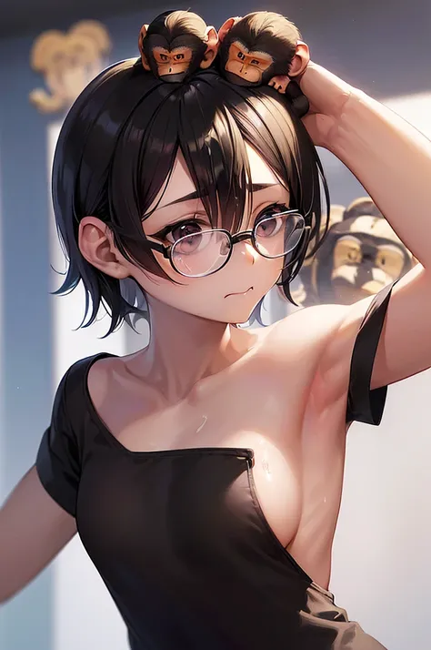 masterpiece, best quality,anime style, 1 girl,(((slender body))), (((small eyes,small breast))),(((gym uniform,glasses))),(((((3 monkey grabbing the girl))))),((((cum facial)))), (beautiful face), (((short hair))), (((straight hair))), ((((black hair)))),d...