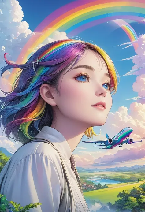 A world full of rainbow colors、Rainbow Airplane、A plane flying in a rainbow sky，colorful，Beautiful rainbow clouds，wonderful景色，Utopia，An atmosphere full of dreams and hope，masterpiece．16K, Ultra-high resolution, Ultra-high resolution, to be born,wonderful ,...