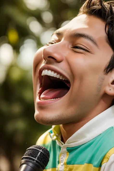 A boy laughing loudly while singing a song.