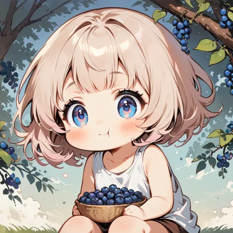 Brown short hair、pale pink hair、Sitting、Make the face a little slimmer、Blueberry field、There are lots of blueberries on the trees、Picking and eating blueberries、Cartoon style character design，1 Girl, alone，Big eyes，Cute expression，Tank top、interesting，inte...