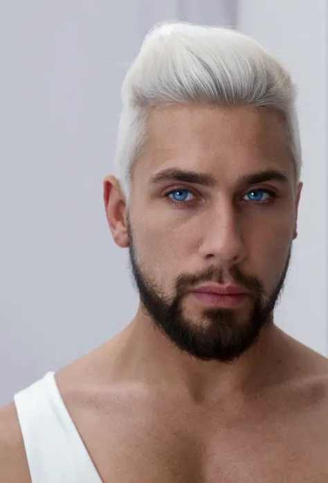 Boy blue eyes with Brazilian beard muscular dressed in white ball gown white hair with black tips