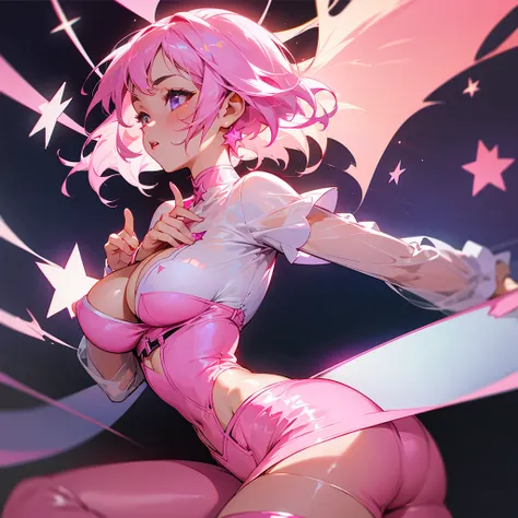 A girl of around 19 years old with short pink hair down to her neck and a star on her cheek., a shirt covering only her large breasts and very short pants with transparent mesh stockings and a pink light background