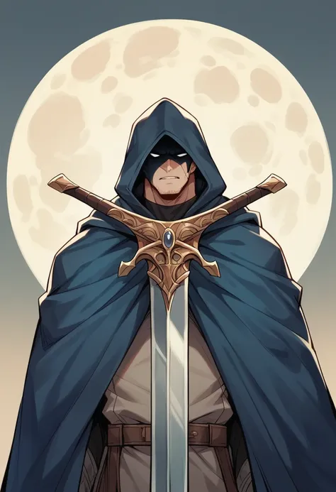 man, Dark blue cape, big hood, face hidden in the remains of the hood , moon shape on face, giant sword , Runic semi-tech sword, 