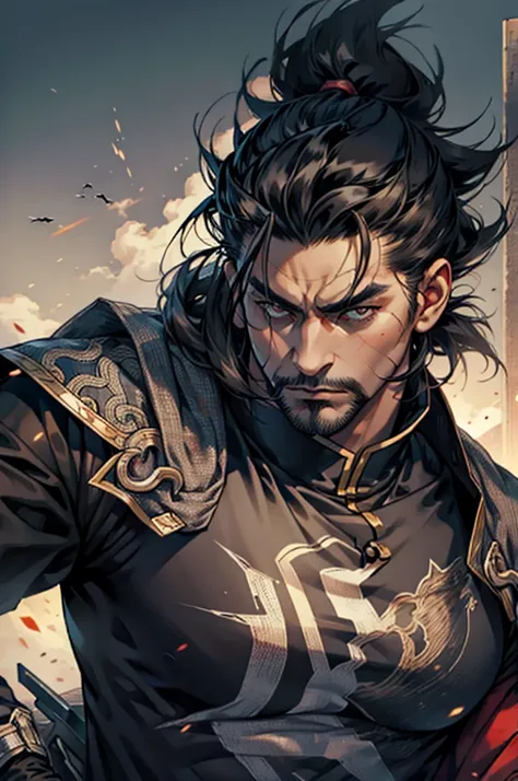 dark man, Cao Cao, black hair, eyes browns, stark, with casual clothes 