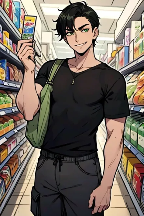 perfect face, perfect hand A black haired man with green eyes in a gothic rolled up shirt and cargo shorts is shopping in the grocery store with a big smile