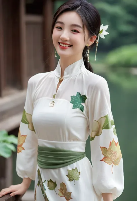 best quality, masterpiece, Ultra-high resolution, (Practical: 1.4), xiuxian, Smile, Shy, belly button, Exquisite makeup, Gorgeous jewelry, Horse Face Dress, Detail face,, 1 girl, White clothes, Lotus print, Maple Leaf Print, Solitary, arms, (Magic Circle: ...