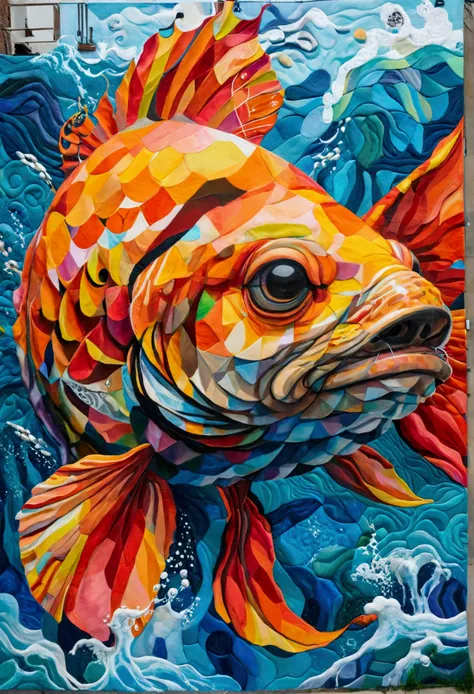 ( AN OCEAN FULL OF FISH ),(best pose),(best angle), (best expression), Eduardo Kobra quilting ,multidimensional geometric wall PORTRAIT, until, chibi,o 08k, comely, Coloring,