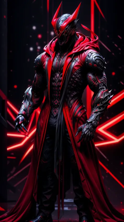 a man in a red jacket and black pants standing in a dark room, wearing cultist red robe, crimson attire, character from mortal k...