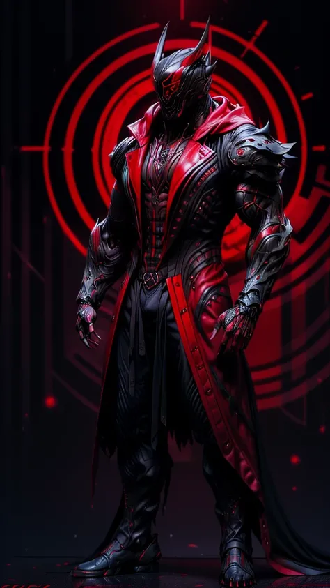 a man in a red jacket and black pants standing in a dark room, wearing cultist red robe, crimson attire, character from mortal kombat, as a character in tekken, fighting game character, cyberpunk assassin, red hooded mage, cyberpunk outfits, crimson clothe...