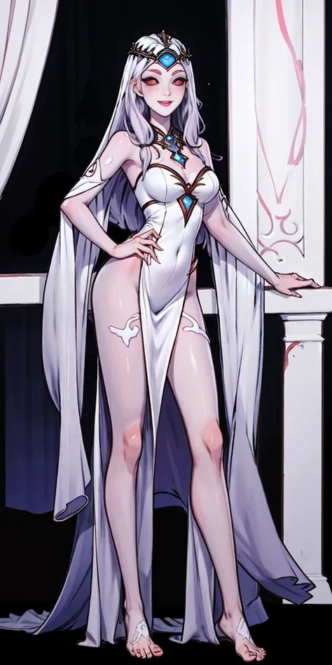 Body position: Standing, straight, symmetrical, barefoot, Lustful smile on face with red blush, 2 girls like Cassia Orsellio white pale skin with red eyes who gets married and stands in front of many people, nsfw, kissing