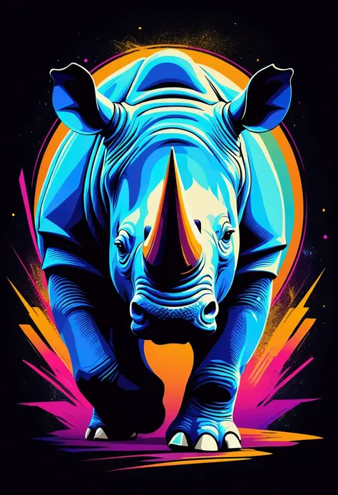 a rhino, expressionism, two-dimensional illustration, dark tones, magical realism, synthwave:: t-shirt vector, center composition graphic design, plain background::2 mockup::-2 --upbeta --ar 1:1