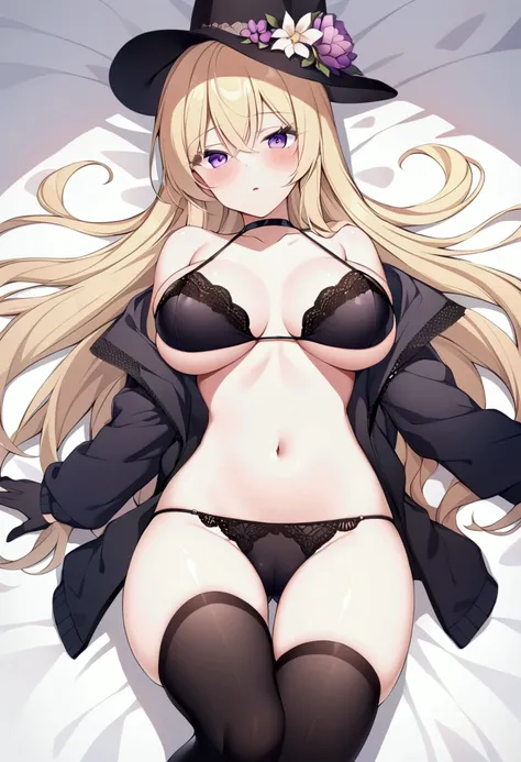 slender, mature female,1girl, breasts, hat, solo, thighhighs, long_hair, large_breasts, blonde_hair, navel, purple_eyes,looking_at_viewer, blush, flower, black_legwear, stomach, open_clothes, collarbone, hair_between_eyes, lying, jacket, bangs, gloves, ope...