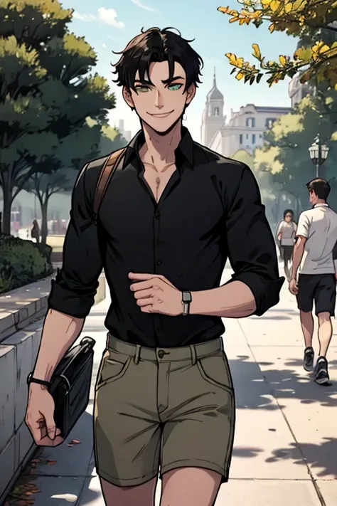 perfect face, perfect hand A black haired man with green eyes in a gothic rolled up shirt and cargo shorts is walking into a park with a big smile