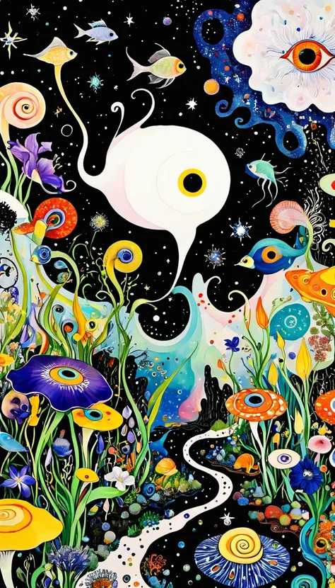 Pollock。1snails小屋，Artists from the stars，Colorful black，A world of color，Dopamine，mouth，A cloud、snails、iris、fish、Tentacles、bird、Eye、diatom，Abstract mosaic painting，Describing the inner world of autistic people，Sense of space，White Space，interesting，Innocen...