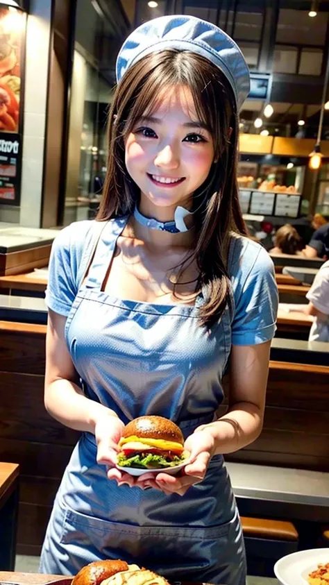 beautiful female fast food worker, smiling while serving ordered food, receiving attention from customers, detailed facial features, cinematic lighting, photorealistic, 8k, hyper detailed, symmetrical composition, warm color tones, natural skin tones, soft...