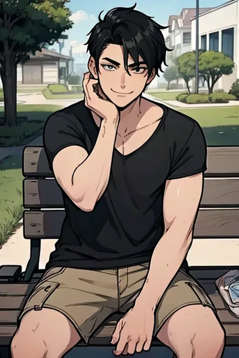 perfect face, perfect hand A black haired man with green eyes in a gothic rolled up shirt and cargo shorts is sitting on the bench with a lunch with a big smile