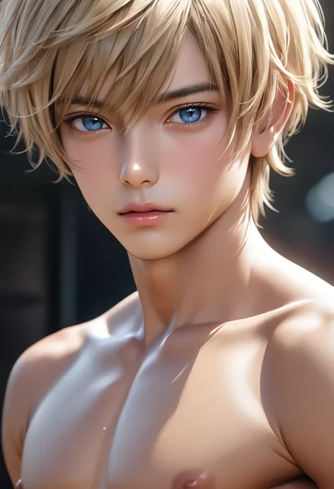 high quality, detailed, photo Realistic, (20 years old tanned japanese idol boy), (detailed blue eyes), (blond short hair),(tanned shiny skin:1.3), black tiny thong, bulge,(detailed nipples), (best quality,4k,8k,highres,masterpiece:1.2), (face close up:0.8...