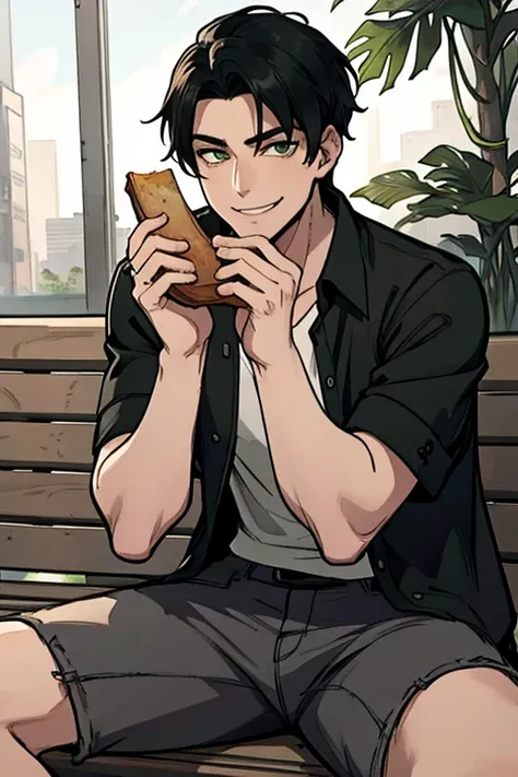 perfect face, perfect hand A black haired man with green eyes in a gothic rolled up shirt and cargo shorts is sitting on the bench with a lunch with a big smile