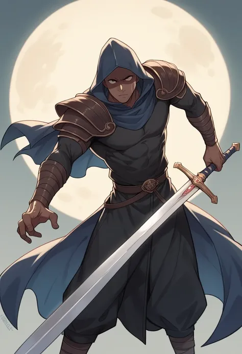 man, Skinny body, Dark blue cape, big hood, face hidden in the remains of the hood, dark face , moon shape on face, huge giant sword , Runic semi-tech sword, sword held in one hand, metal shoulder pad, black shirt ,melancholic pose, tetric ,battle pose 