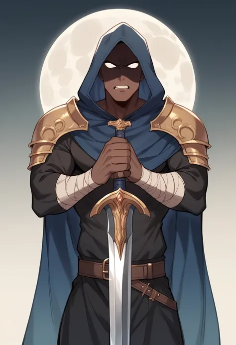 man, Skinny body, Dark blue cape, big hood, face hidden in the remains of the hood, dark face , moon shape on face, huge giant sword , Runic semi-tech sword, sword held in one hand, metal shoulder pad, black shirt ,melancholic pose, tetric ,battle pose 