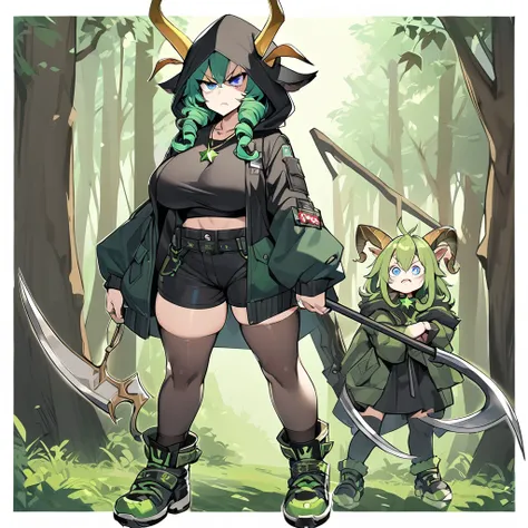 1goat girl, goat ears, yellow horns, short curly green hair, black hood, perfect eyes, blue eyes, baggy eyes, angry face, green star necklace, black shirt, green fur trim jacket with black details, black shorts, long black stockings, green shoes, scythe in...