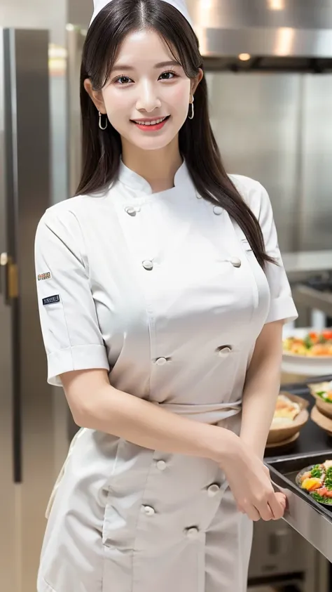 1 girl, (kitchen background), ((32k, raw, masterpiece: 1.5)), (Professional photography, sharp:1.2), Perfect dynamic composition, (Natural sun light), (soft shadow), (((slim figure))), ((huge round breasts: 1.5)), (((((black long straight hair, bang))))), ...