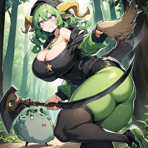 1goat girl, goat ears, yellow horns, short curly green hair, black hood, perfect eyes, blue eyes, baggy eyes, angry face, green star necklace, black shirt, green fur trim jacket with black details, black shorts, long black stockings, green shoes, scythe in...