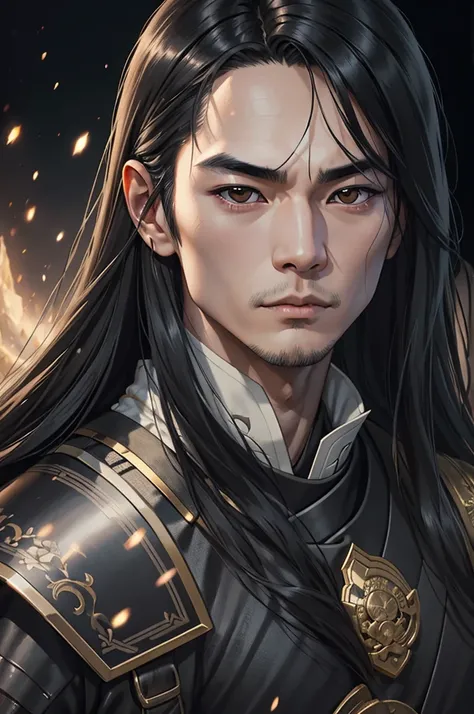 a Japanese man with long black hair wearing light black armor,extremely detailed portrait,hyper realistic,photorealistic,highly detailed facial features,detailed eyes,detailed lips,detailed nose,extremely detailed skin,cinematic lighting,dramatic shadows,f...